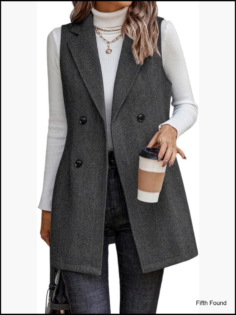 Womens Sleeveless Tweed Blazer Vest Long Cardigan Outerwear Open Front Button
